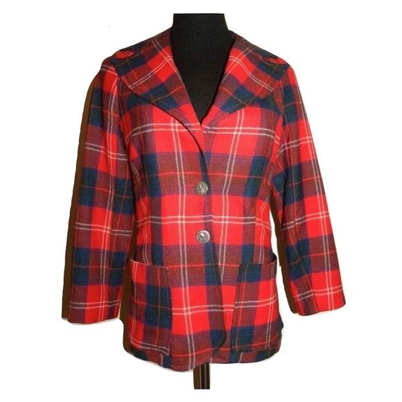 70s RED Plaid Blazer | Tartan Jacket Wide Notched Collar MOD Punk - Picture 9 of 10